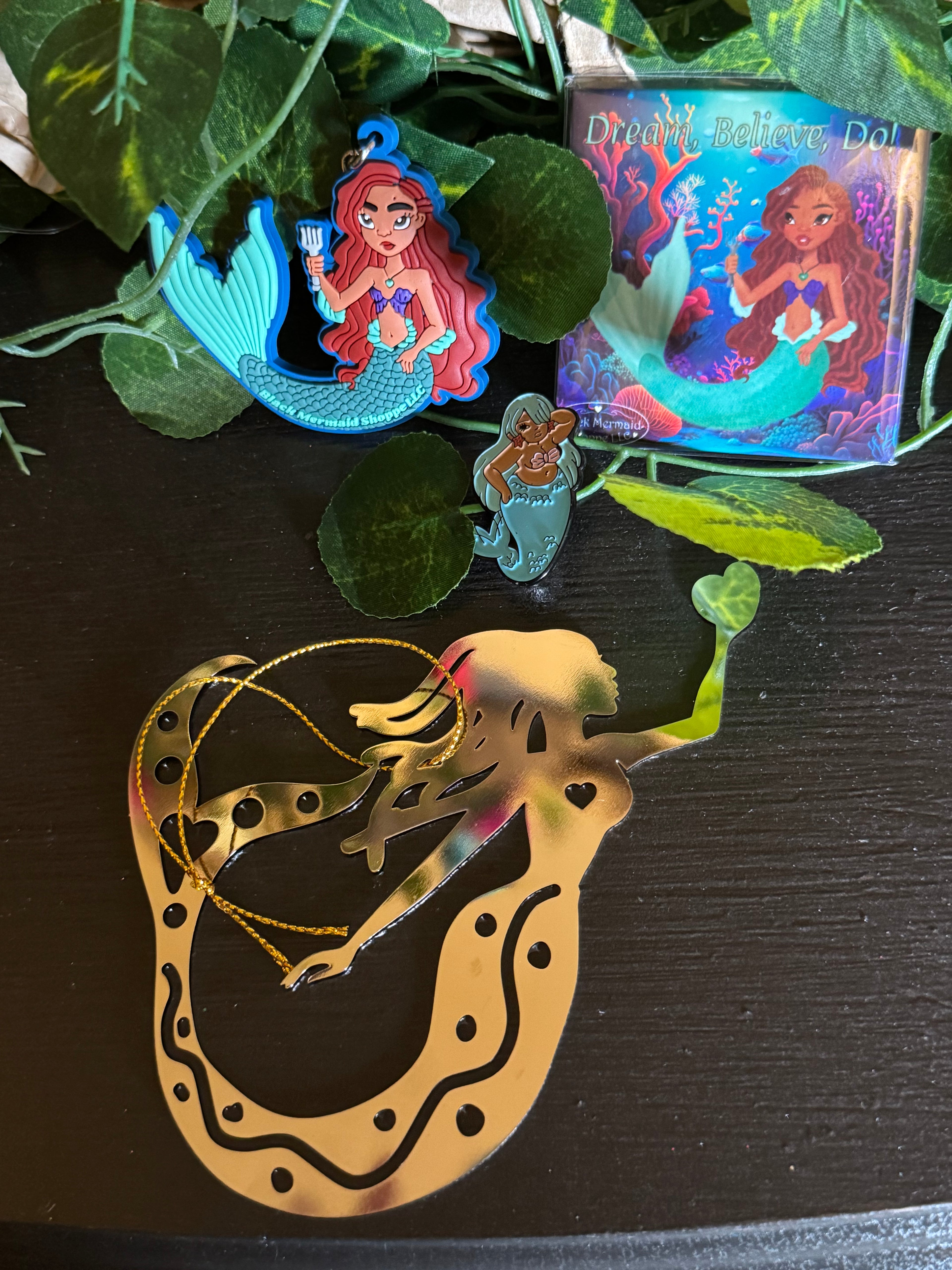 Mermaid Accessory Bundle | Keychain, Pin, Magnet & Hanging Charm Set | Black Mermaid Gift