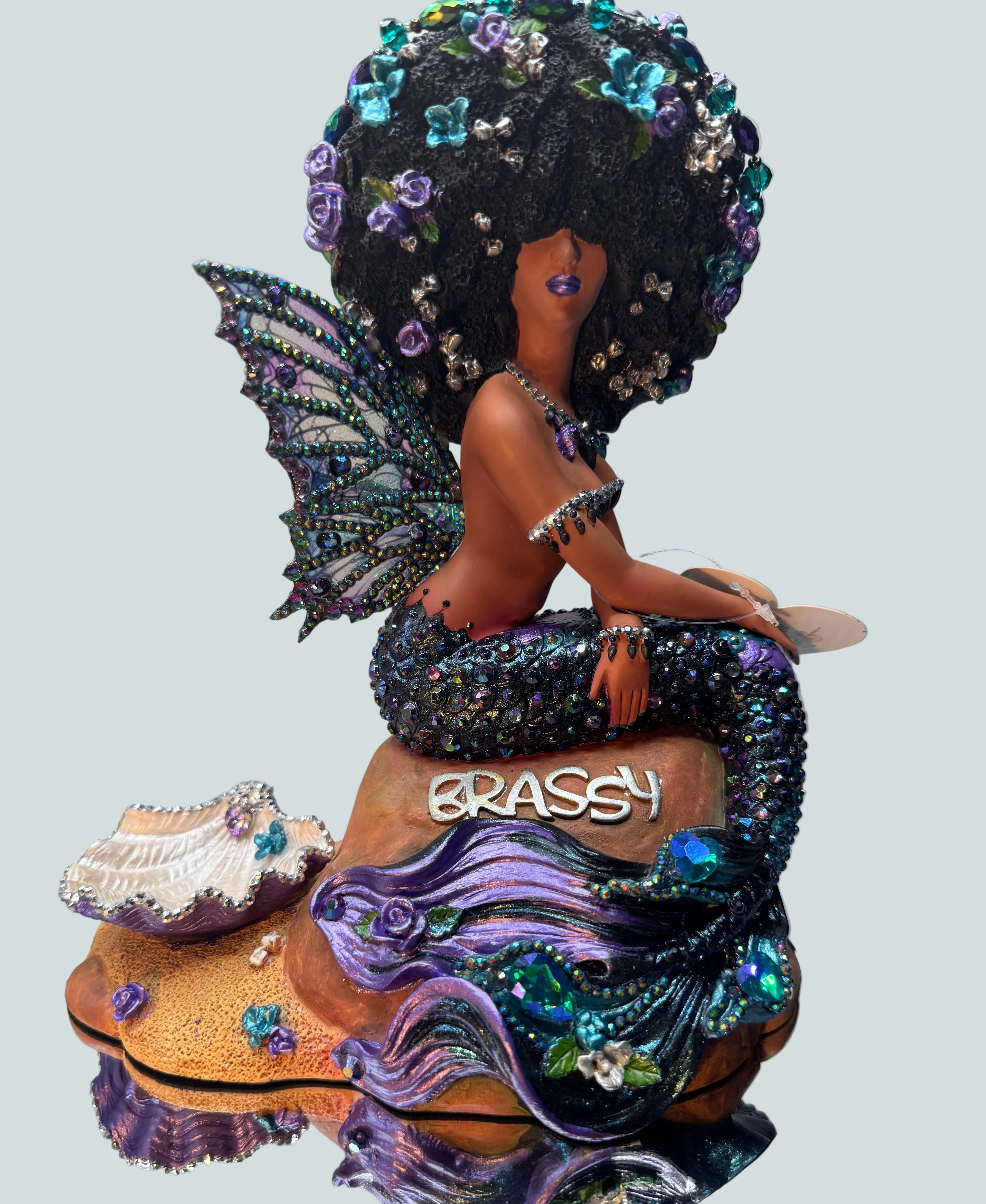 One-of-a-kind Black mermaid statue with oil-slick finish, hand-painted Jazzy Brassy in progress