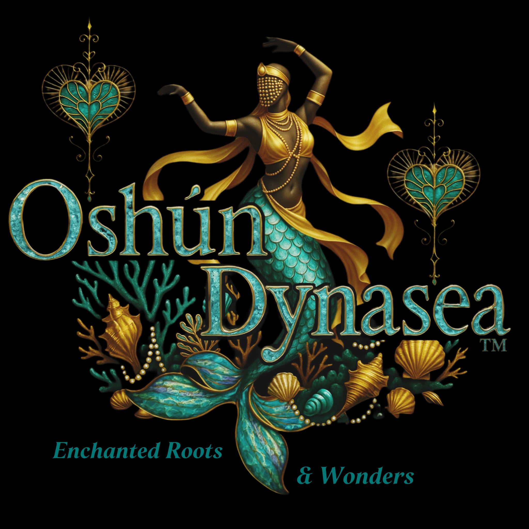 Oshún Dynasea logo from Enchanted Roots & Wonders inspired by African spiritual folklore, depicting Black mermaids and sacred water royalty