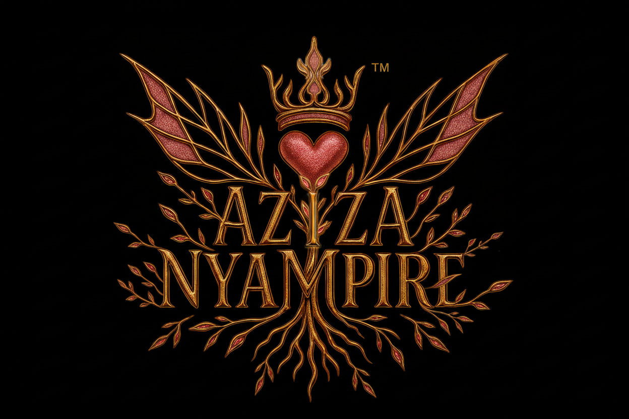 Aziza Nyampire logo from Enchanted Roots & Wonders inspired by African folklore, featuring Black fairies, roots, wings, and heart symbolism of sovereignty