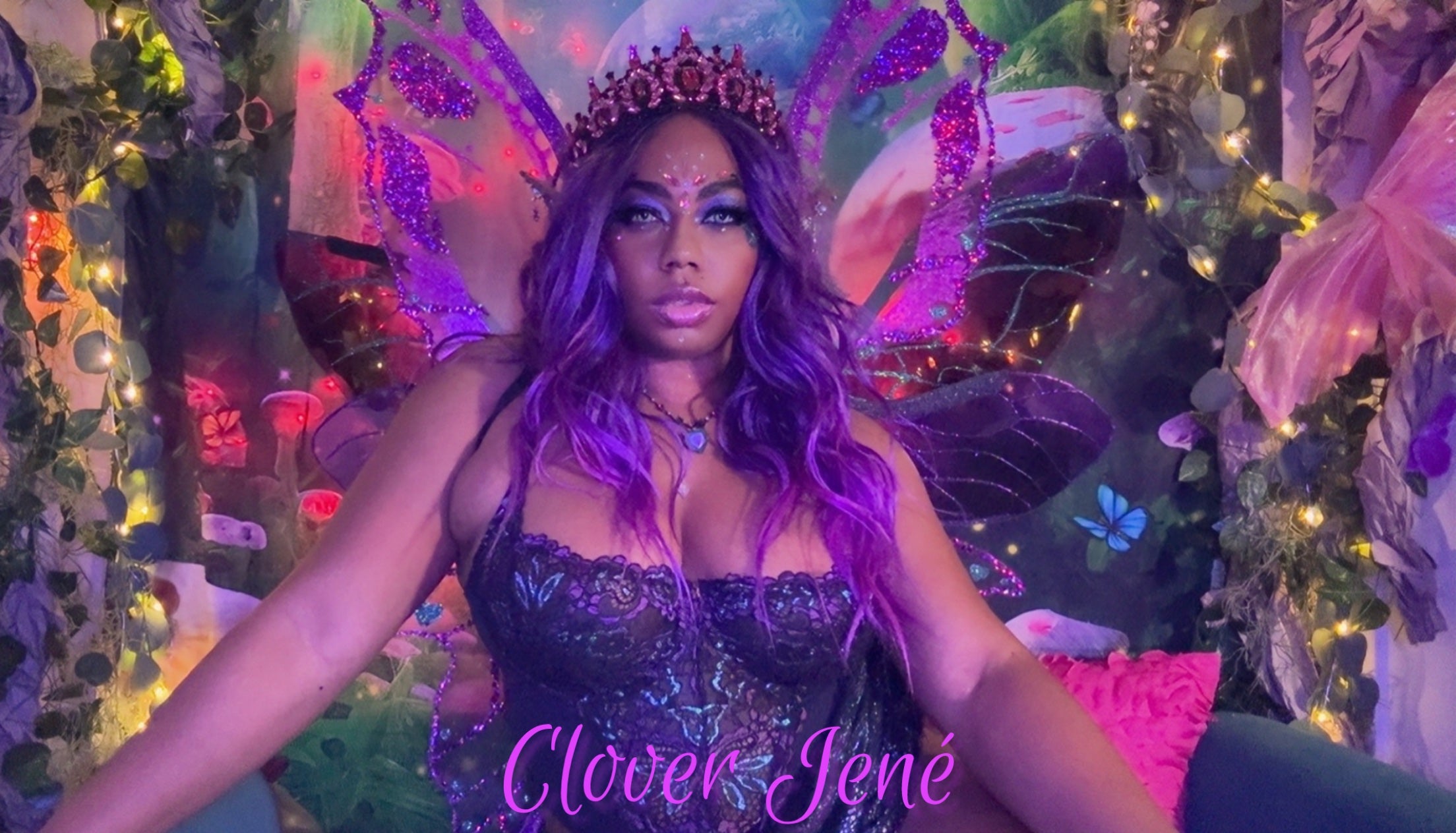 Clover Jené Mermaid, owner of Enchanted Roots & Wonders, posing in her OC cosplay Black fairy fantasy form
