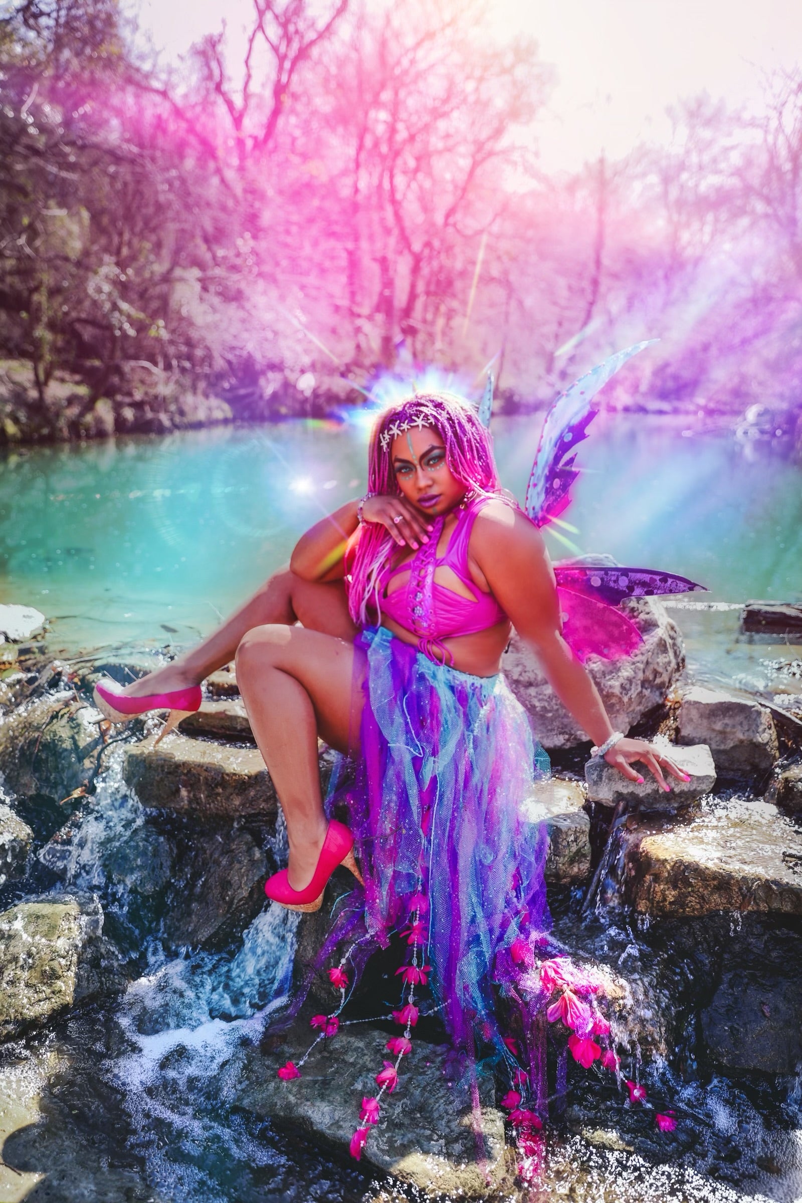 Clover Jené Mermaid, owner of Enchanted Roots & Wonders, posing in her OC cosplay Black fairy Mermaid form