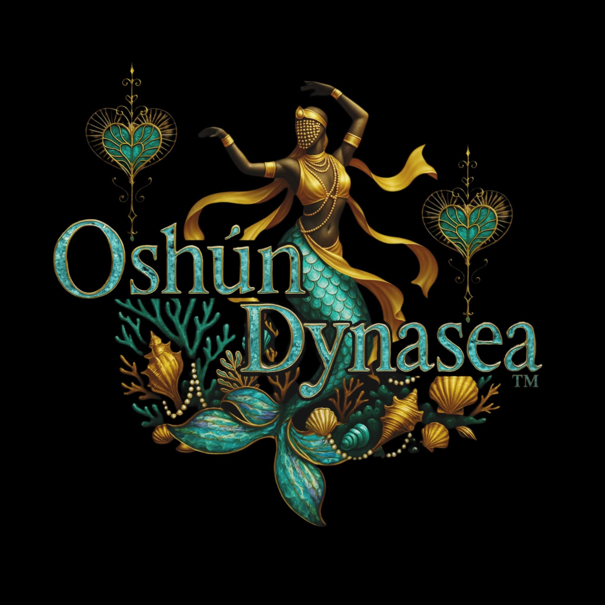 Oshún Dynasea logo from Enchanted Roots & Wonders inspired by African spiritual folklore, depicting Black mermaids and sacred water royalty